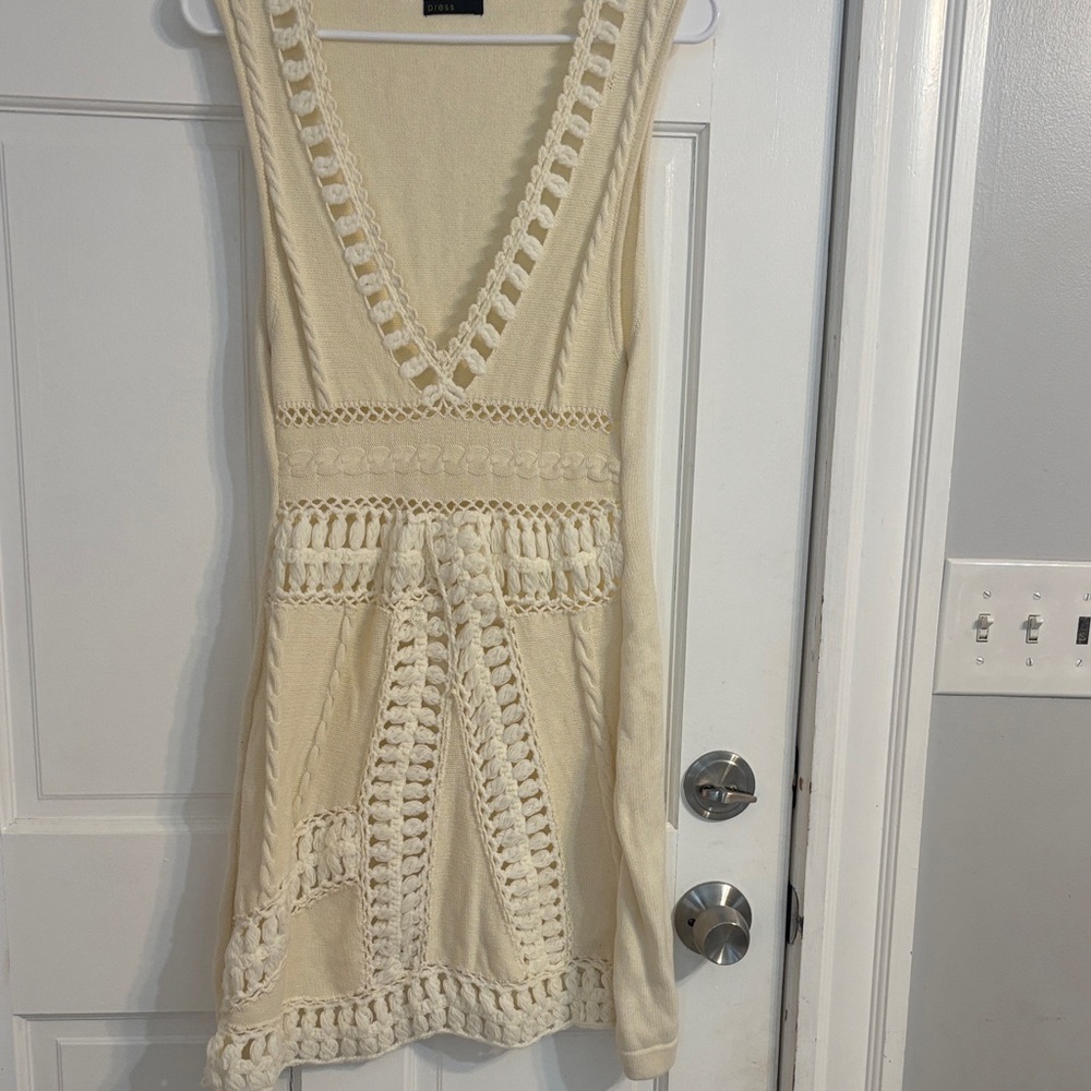 Crochet Trim V-Neck Knit Dress - Cream